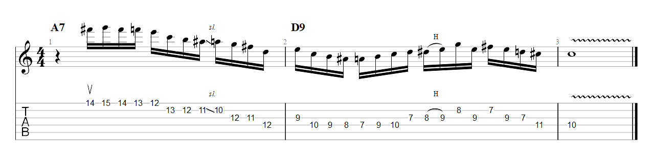 Partition 1 - Exemple de phrase bebop de A7 vers D9