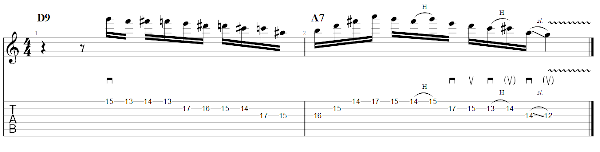 Partition 2 - Exemple de phrase bebop de D9 vers A7