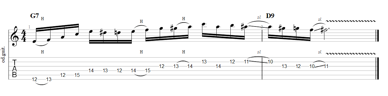 Partition 3 - Exemple de phrase bebop de G7 vers D9