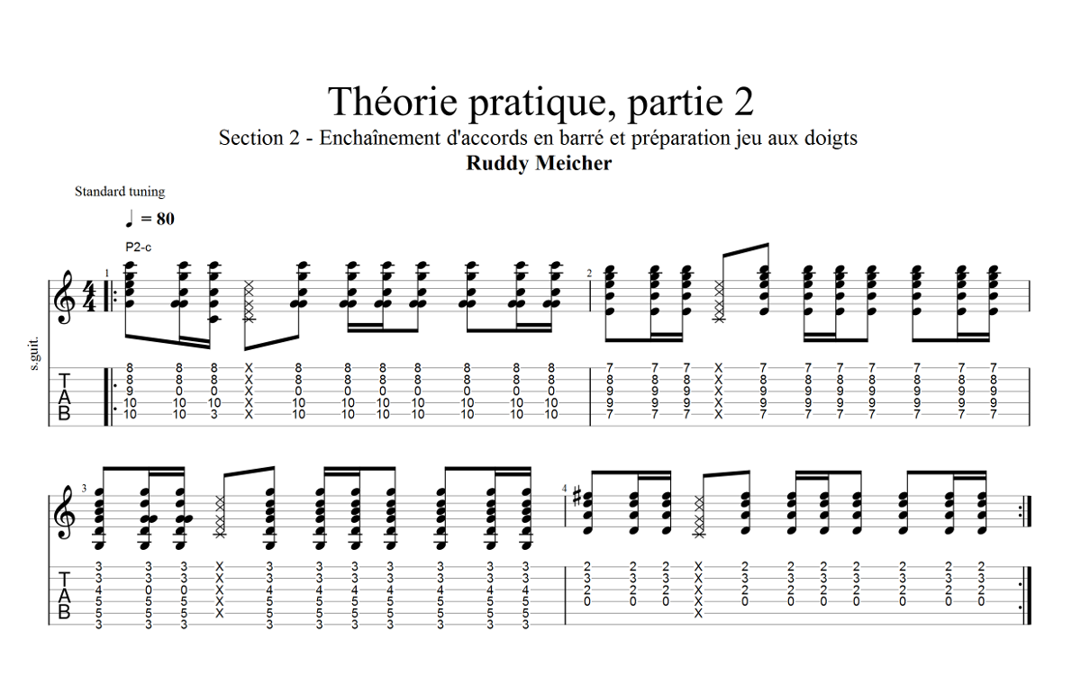 Partition 2 - Section 2 : Enchaînement d'accords en barré et préparation jeu aux doigts