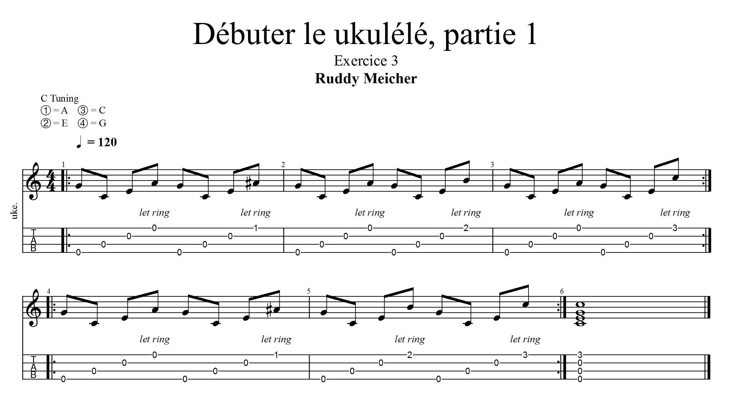 Partition 4 - Exercice 3 : premier arpège en pinçant 1 corde