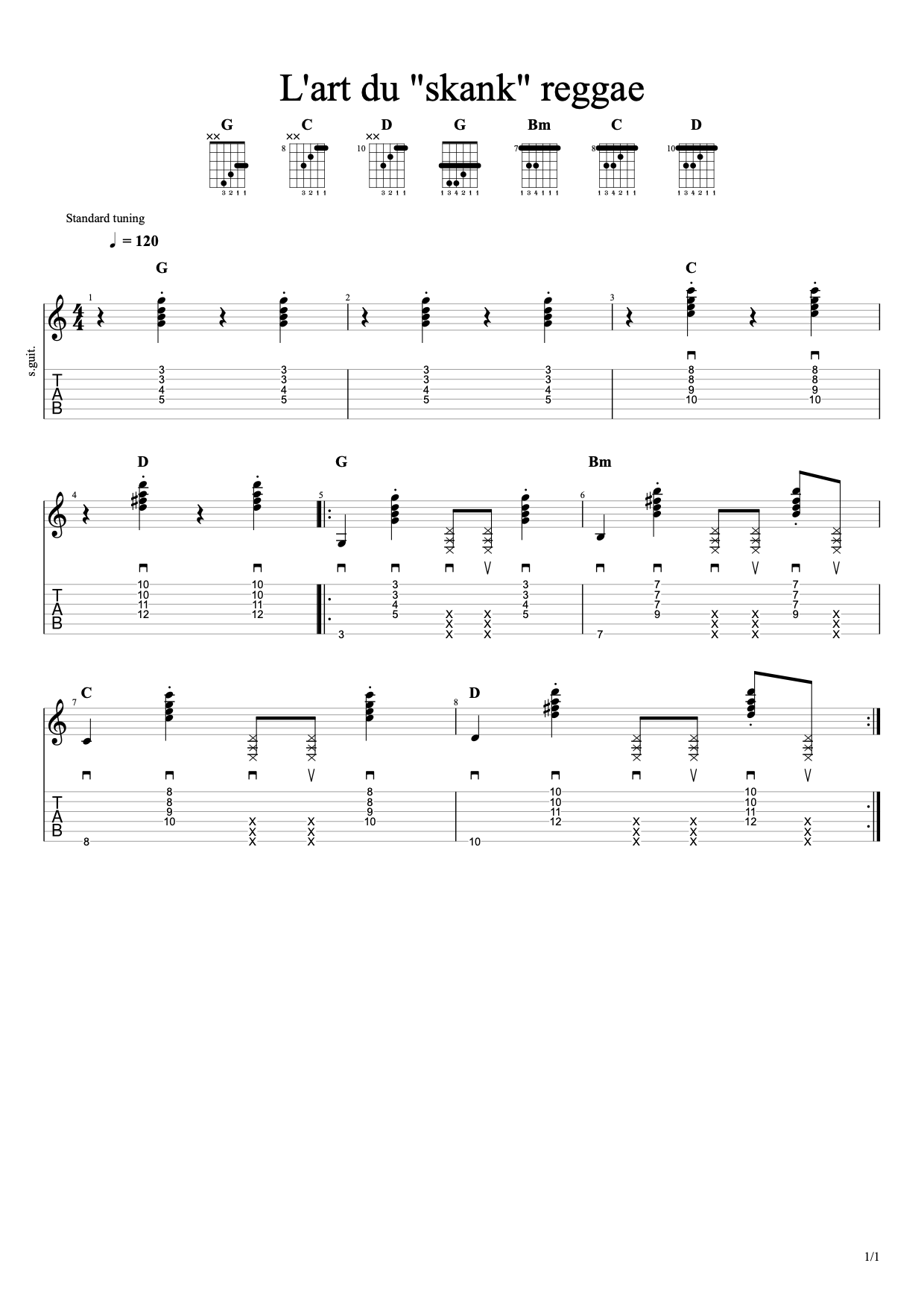 Partition 1 - La rythmique reggae : le « skank »